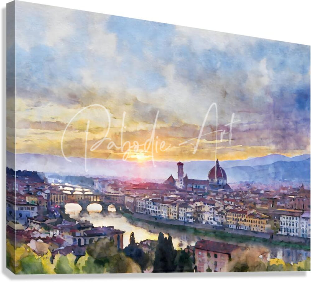 Watercolor painting on canvas of florence italy skyline featuring the duomo and arno river at sunset