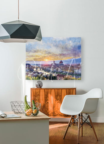 Watercolor painting of florence italy skyline at sunset with warm hues and detailed architecture on canvas