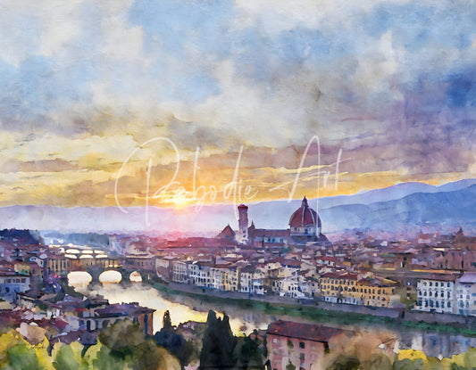 Watercolor painting of florence italy skyline at sunset featuring the duomo and historic bridges over the river