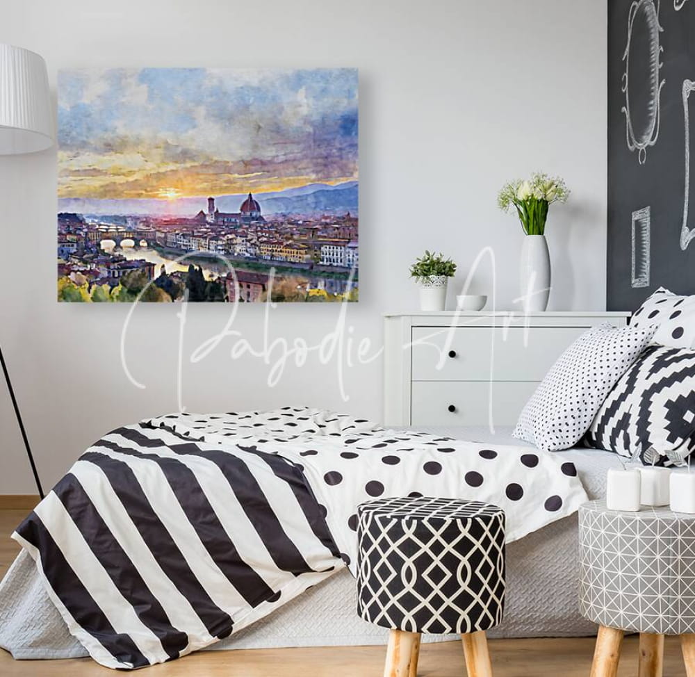 Watercolor painting of florence italy skyline at sunset featuring warm hues and iconic architectural landmarks