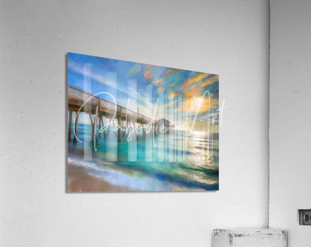 Acrylic print of a vibrant florida fishing pier scene with turquoise and golden watercolor textures