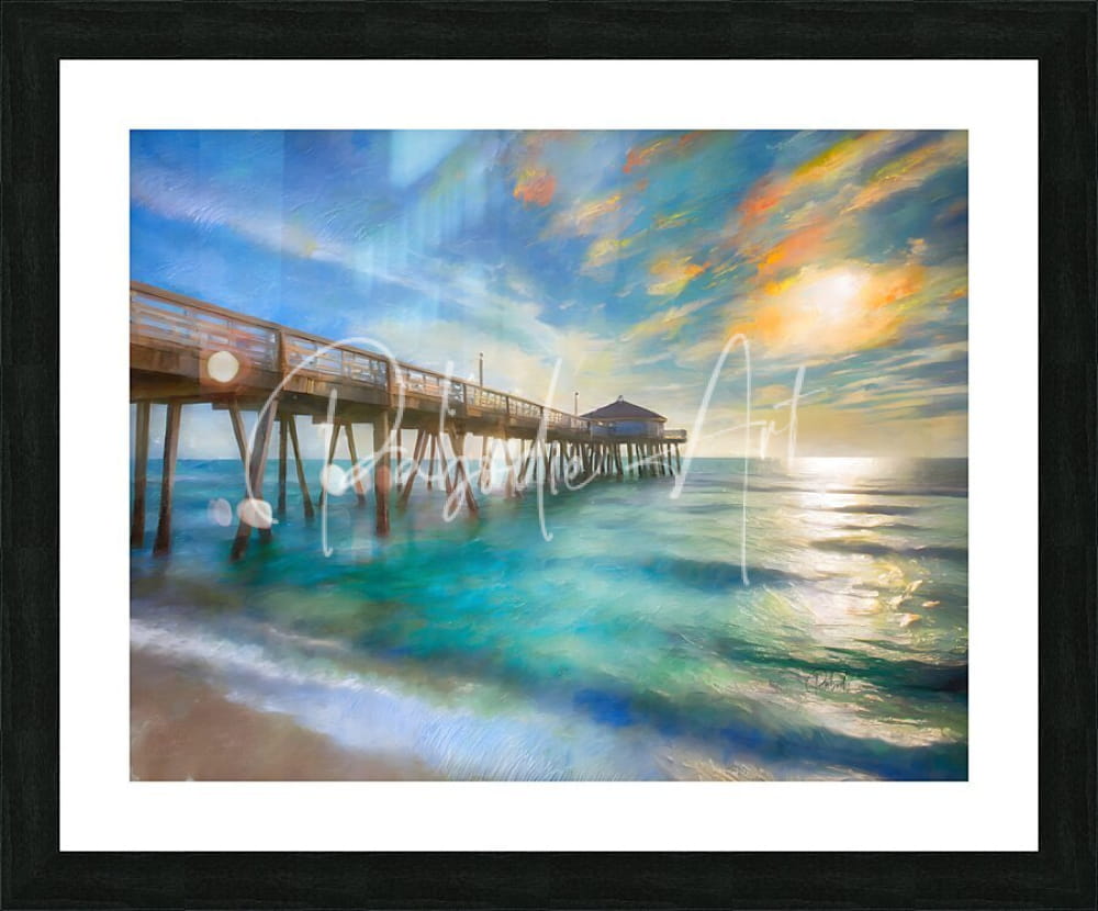 Framed florida fishing pier painting of a wooden pier extending into turquoise ocean waters at sunset