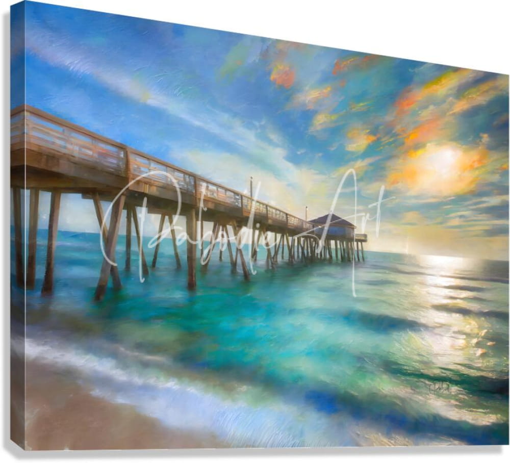 Florida fishing pier vibrant ocean sunset canvas print with wooden pier and turquoise waters under warm sky hues