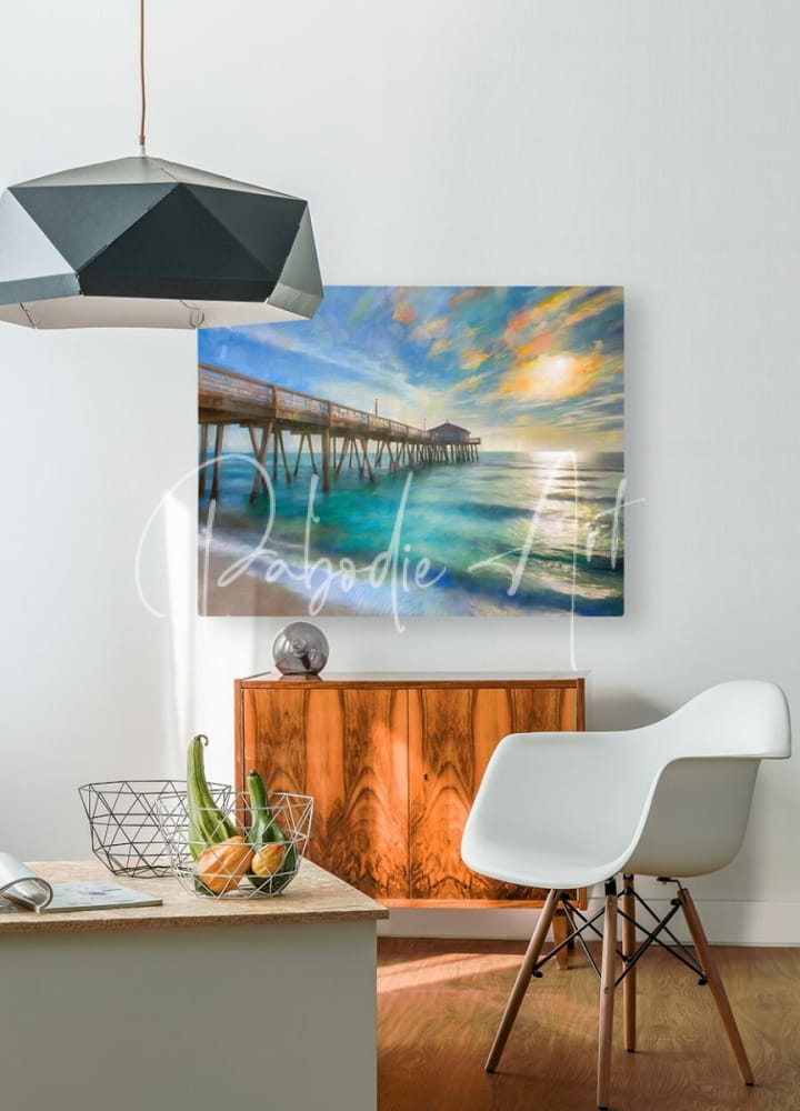Vibrant ocean sunset canvas painting with turquoise waves and wooden pier in modern minimalist frame titled Florida fishing pier