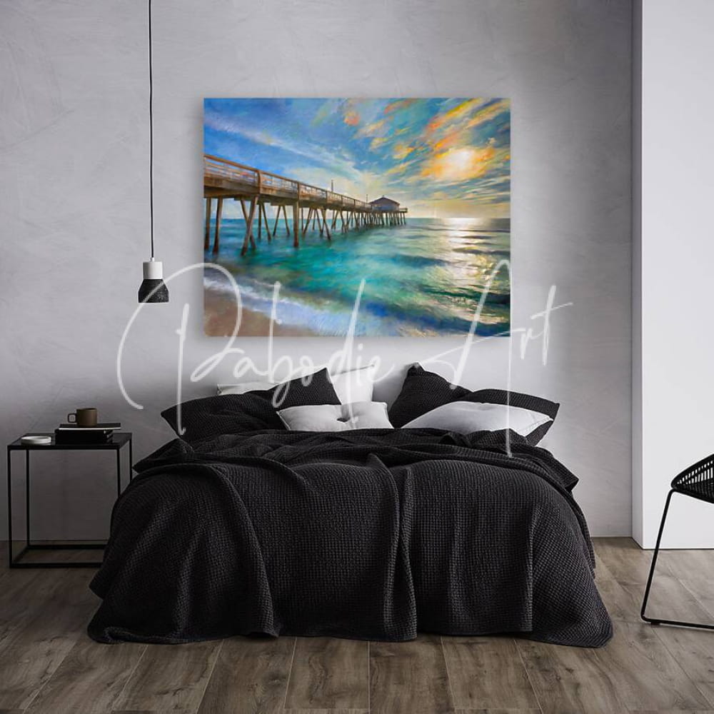 Florida fishing pier canvas painting featuring a wooden pier over turquoise waters at a vibrant ocean sunset