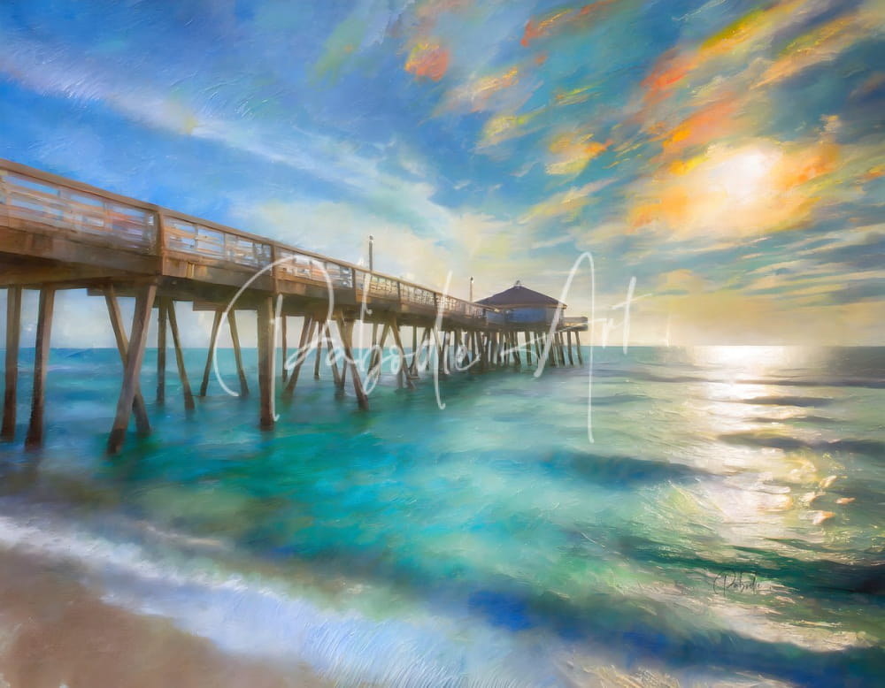A vibrant impressionistic painting of a wooden florida fishing pier extending into turquoise ocean waters at sunset