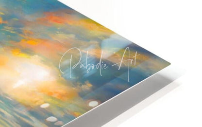 A vibrant abstract painting with swirling orange yellow and blue hues on a glossy surface titled florida fishing pier