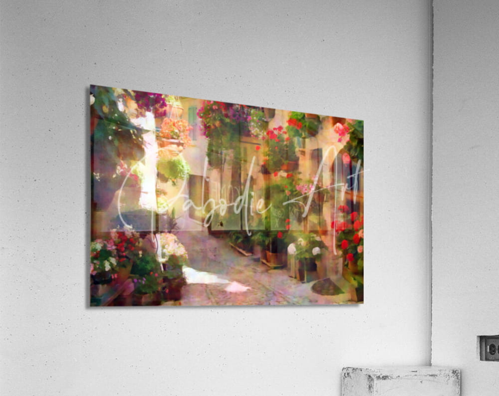 A vibrant watercolor print of a sunlit cobblestone alley with hanging and potted flowers in warm tones