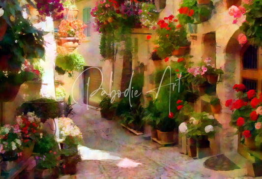 A vibrant sunlit cobblestone alley filled with overflowing terracotta pots of colorful hanging and potted flowers