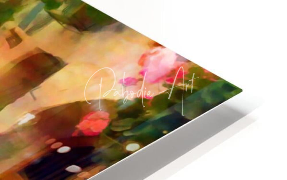 A vibrant watercolor floral art print titled flower filled cobblestone alley with pink and red blossoms on white matboard