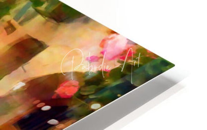 A vibrant watercolor floral art print titled flower filled cobblestone alley with pink and red blossoms on white matboard