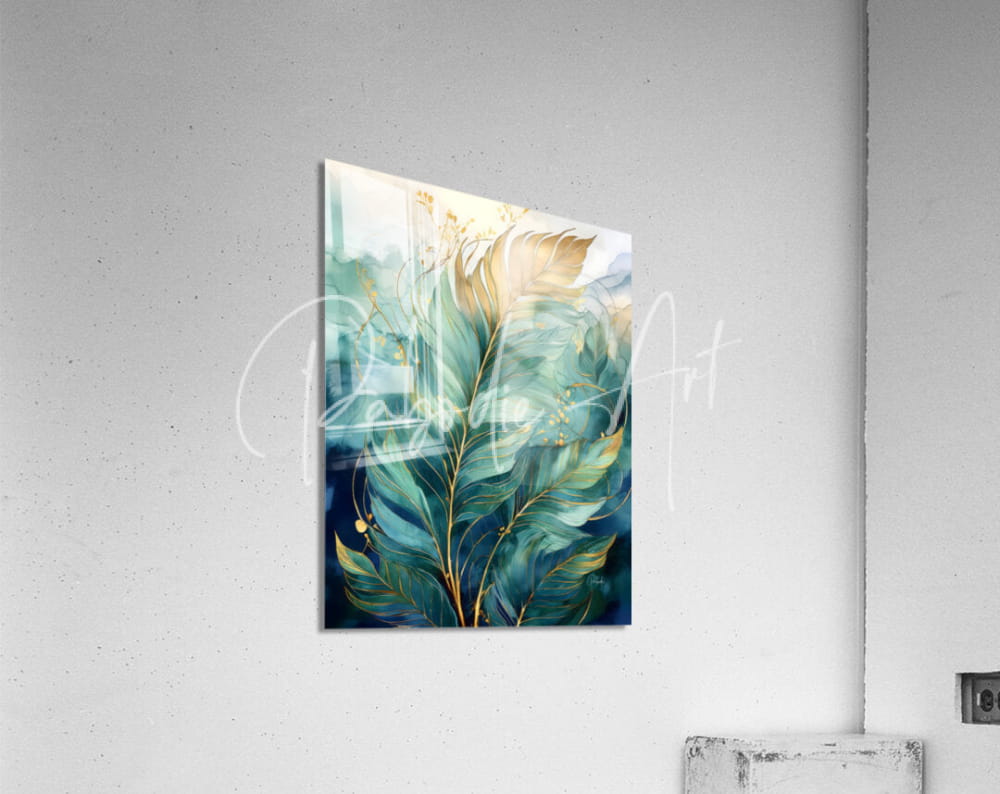 A rectangular acrylic print titled Flowing Palms featuring layered green leaves with golden accents