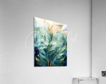 A rectangular acrylic print titled Flowing Palms featuring layered green leaves with golden accents