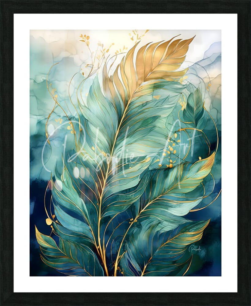 A framed artwork titled Flowing Palms featuring stylized teal and gold feathers with delicate golden outlines on a watercolor background