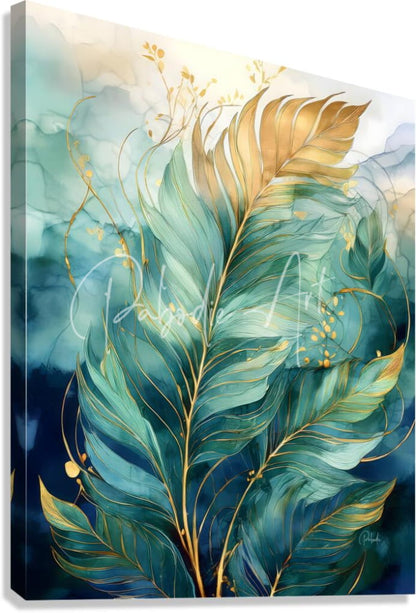 A canvas print titled Flowing Palms featuring teal and gold layered feathers with golden vine accents
