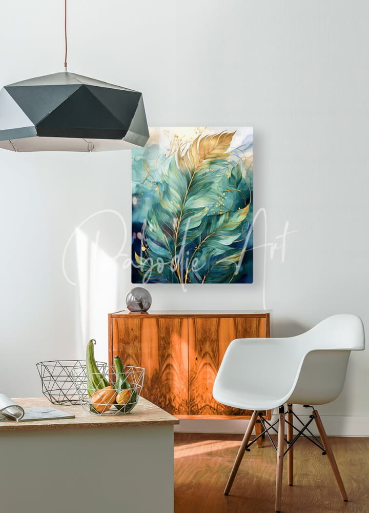 Flowing palms vibrant abstract painting with lush green and gold leaf motifs on canvas in modern interior setting