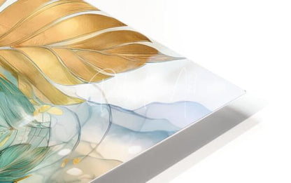 A sleek modern acrylic print titled Flowing Palms featuring a golden leaf with teal and soft blue watercolor accents