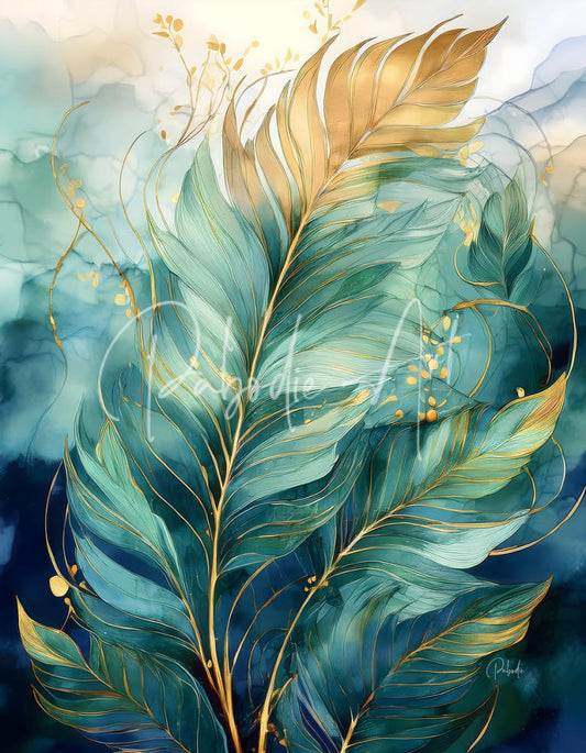 Elegant flowing palms teal and gold feather illustration with intricate veining and delicate golden accents