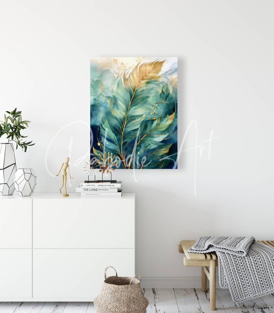A watercolor painting titled flowing palms featuring lush green and gold leaves on canvas