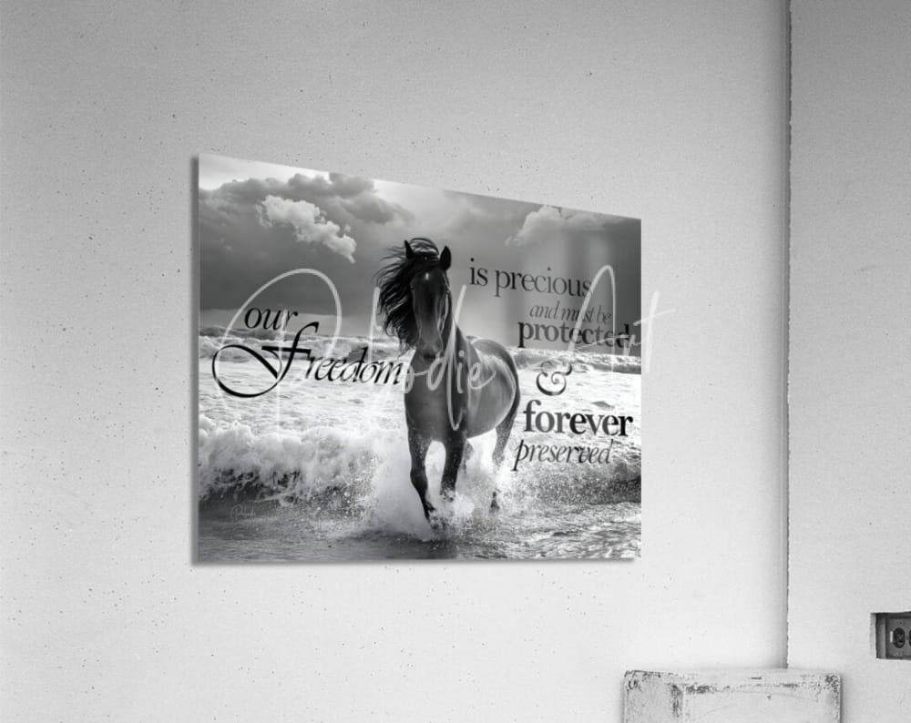 Black-and-white acrylic print of a galloping horse in ocean waves featuring elegant script text titled freedom horse