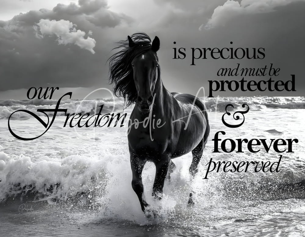 A black freedom horse galloping with a flowing mane through crashing ocean waves in motion