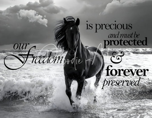 A black freedom horse gallops through crashing ocean waves showcasing its flowing mane and powerful movement