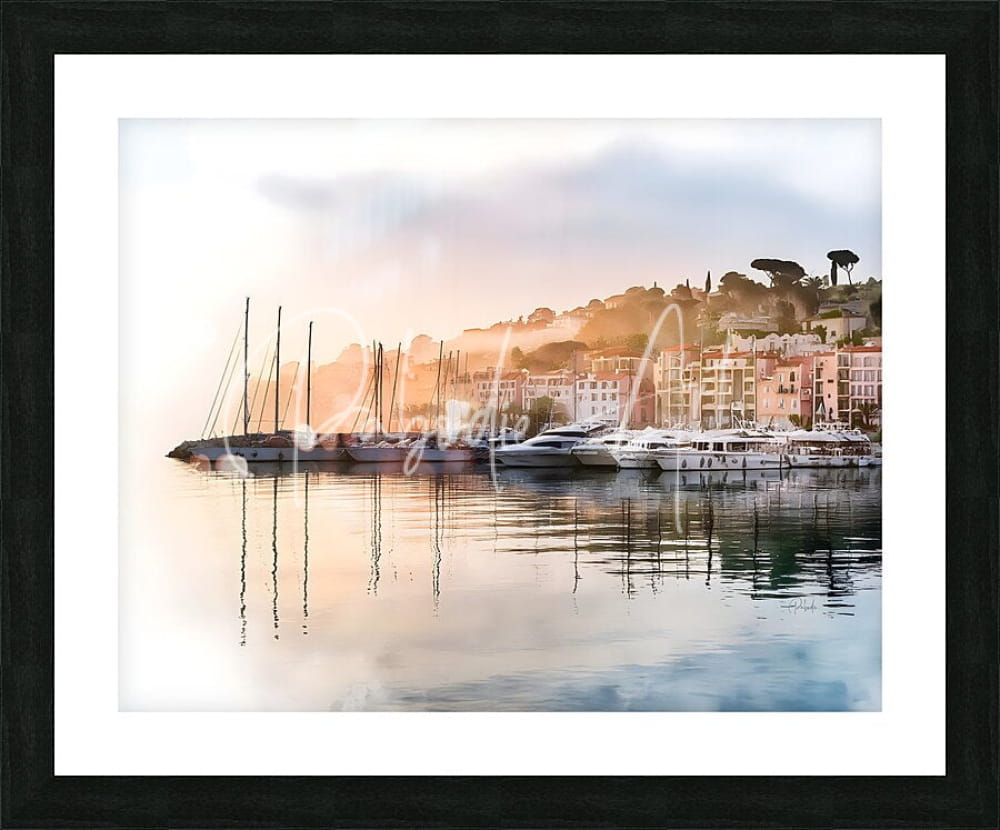 Black-framed art print of french riviera shoreline reflections featuring boats and buildings in warm calm water reflection