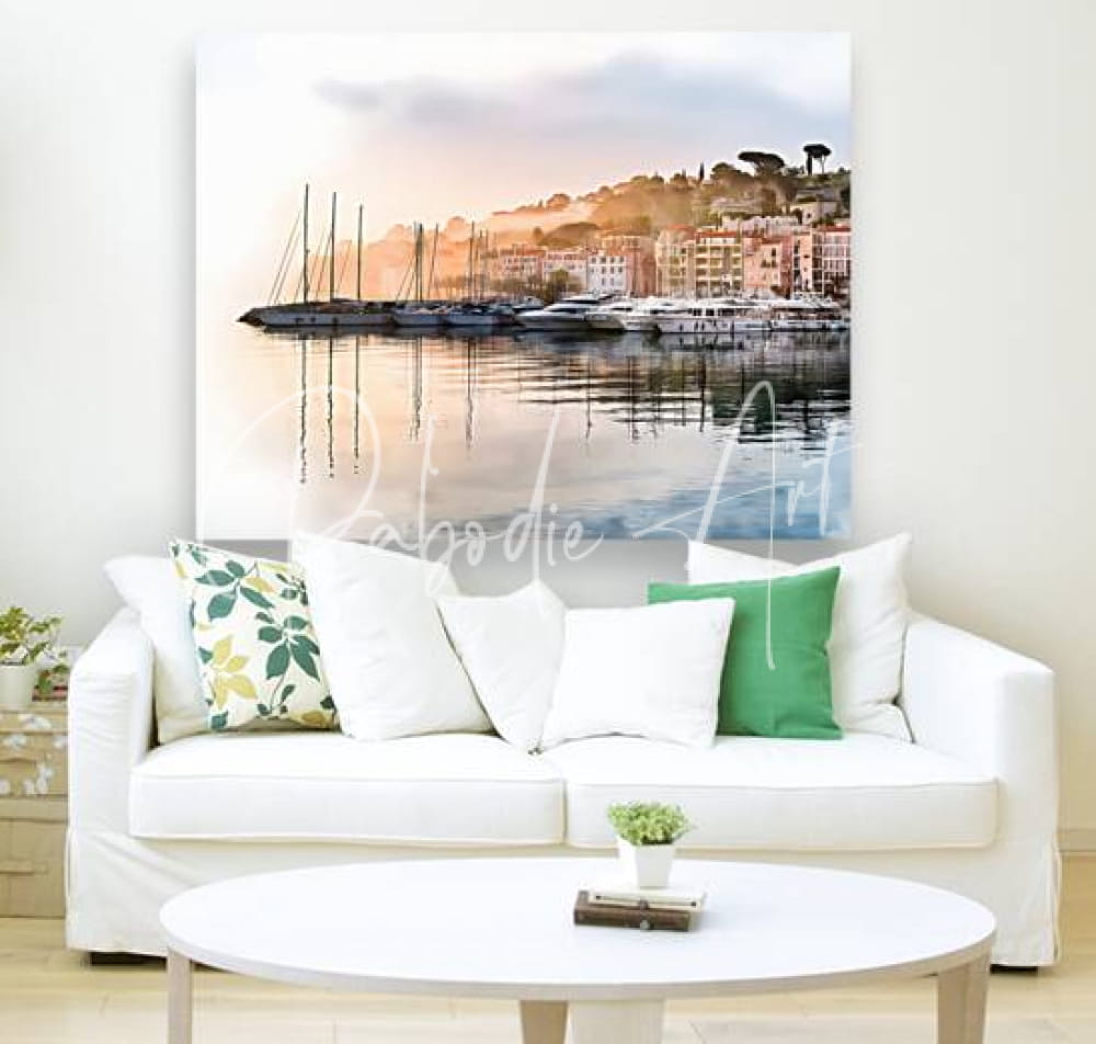 French riviera shoreline reflections large rectangular canvas print of serene coastal harbor with pastel tones and reflective water