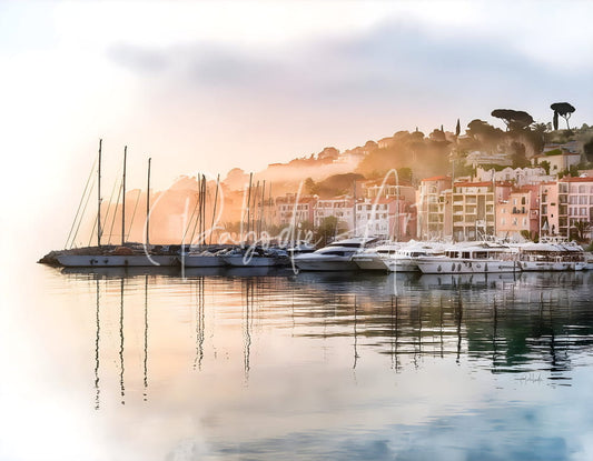 A serene harbor scene with sleek white yachts and sailboats reflecting golden light in french riviera shoreline reflections