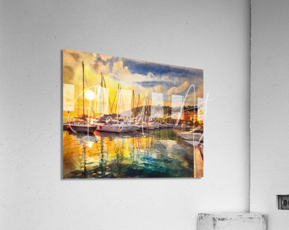 Rectangular acrylic wall art panel featuring vibrant orange and purple sunset reflections over the french riviera harbor
