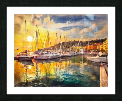 Watercolor painting of a french riviera harbor at sunset with white sailboats and colorful buildings reflected in water