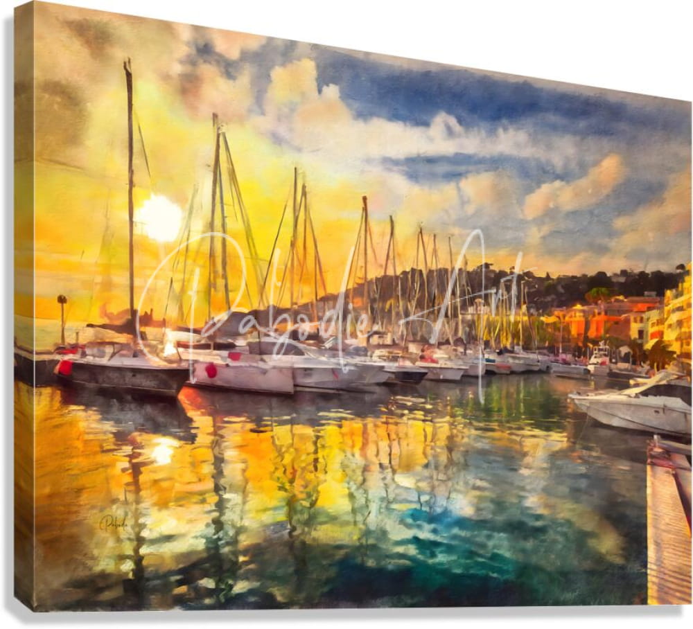Watercolor painting of a french riviera sunset reflections harbor with white sailboats red accents and golden blue skies