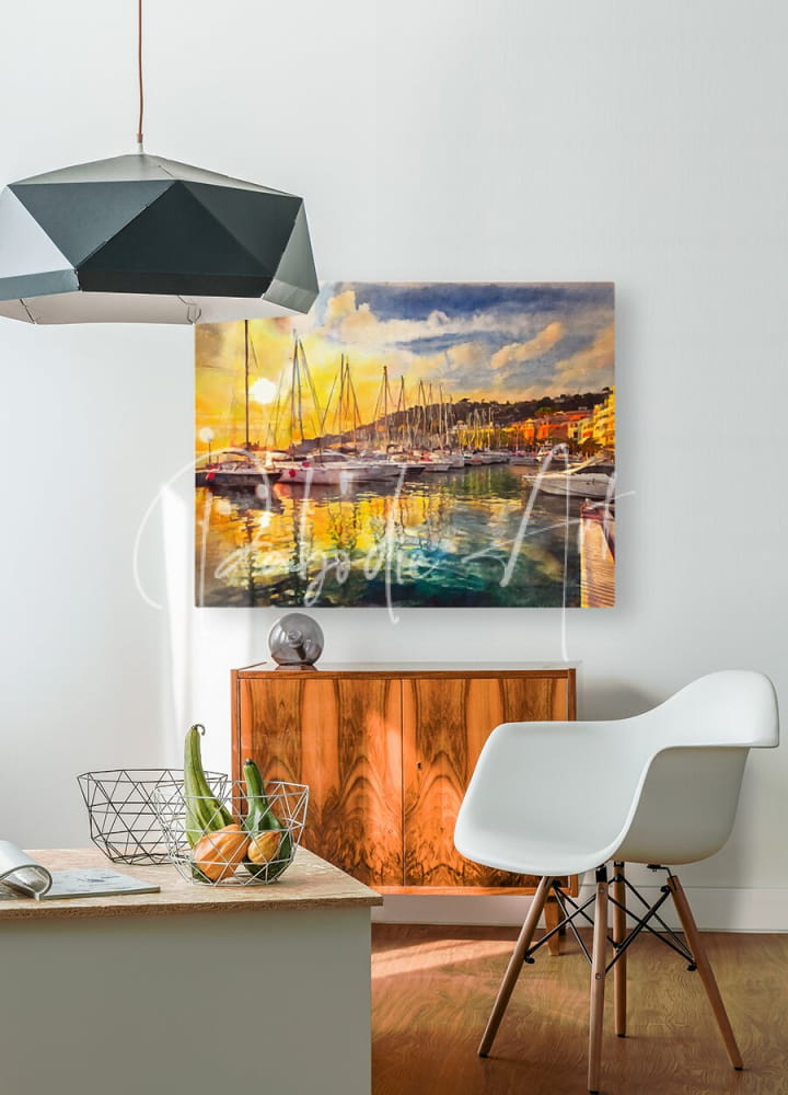 A vibrant watercolor painting titled french riviera sunset reflections showing boats and colorful buildings at harbor sunset
