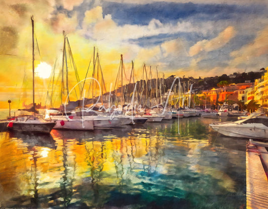 A vibrant watercolor painting titled french riviera sunset reflections showing white sailboats in golden harbor at sunset