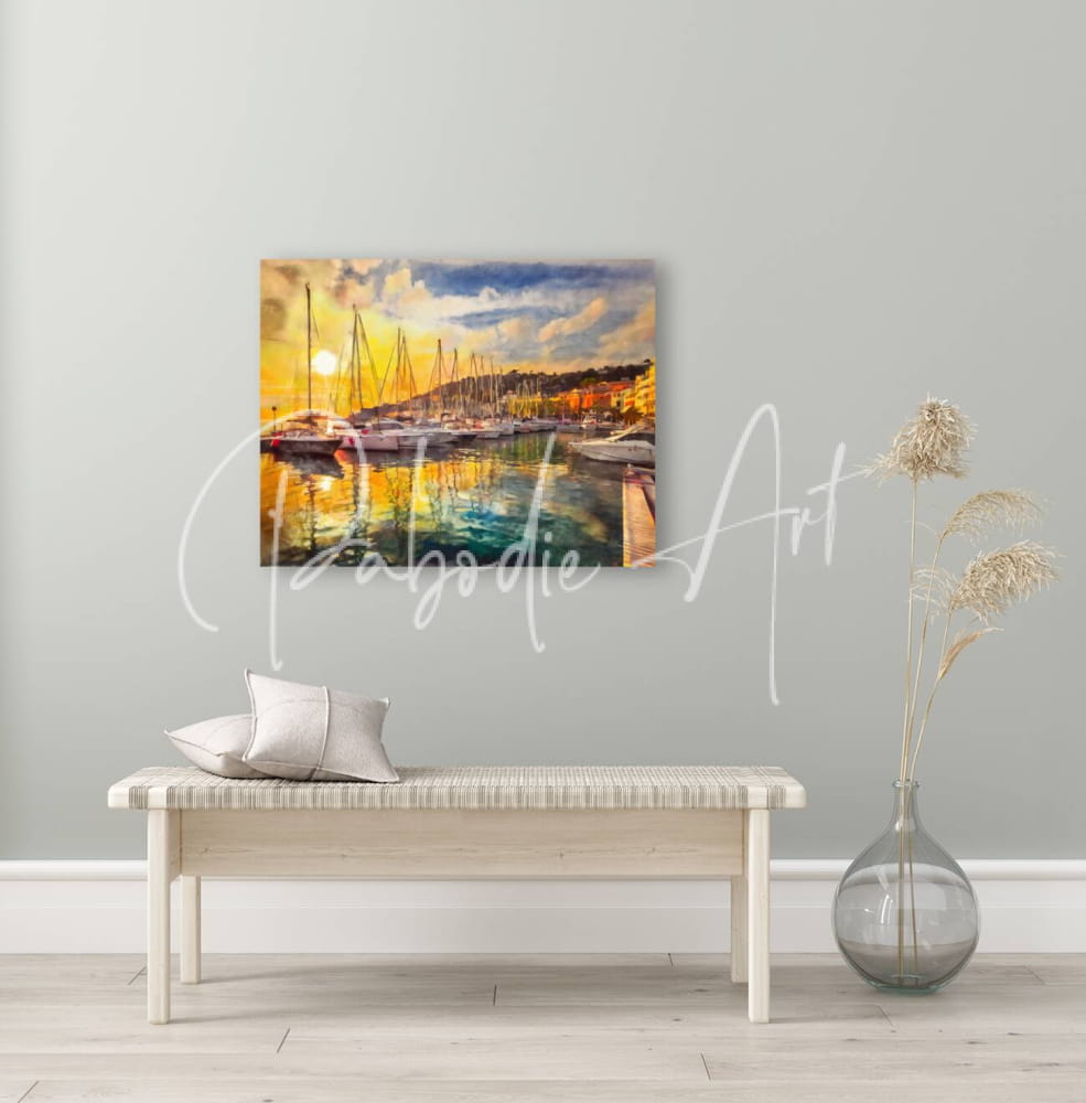 Vibrant watercolor painting titled french riviera sunset reflections depicting a harbor at sunset with sailboats and warm golden hues