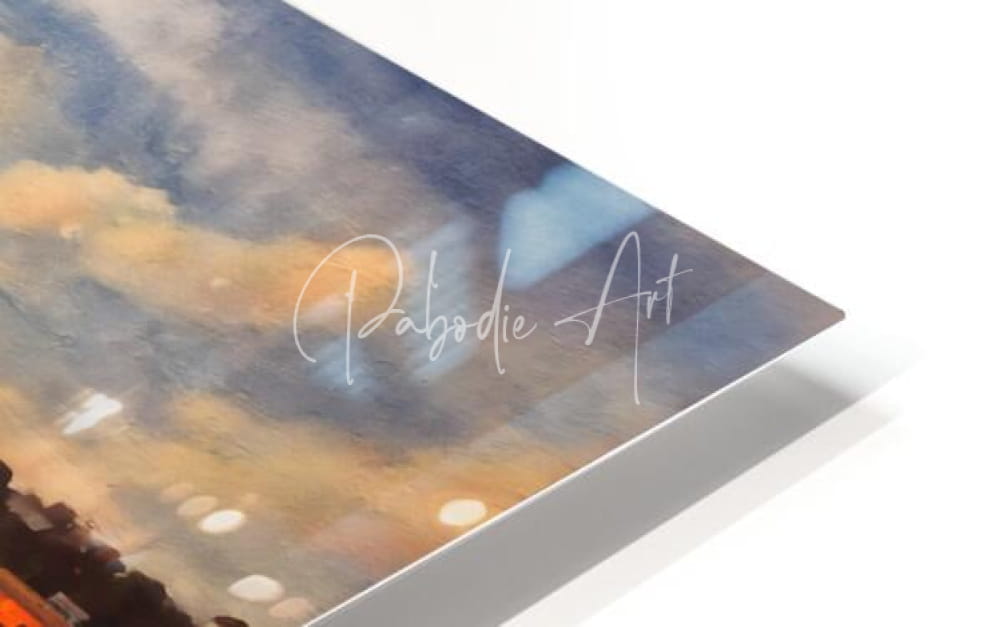 A sleek modern framed art print of french riviera sunset reflections with watercolor sky in soft blues and warm oranges