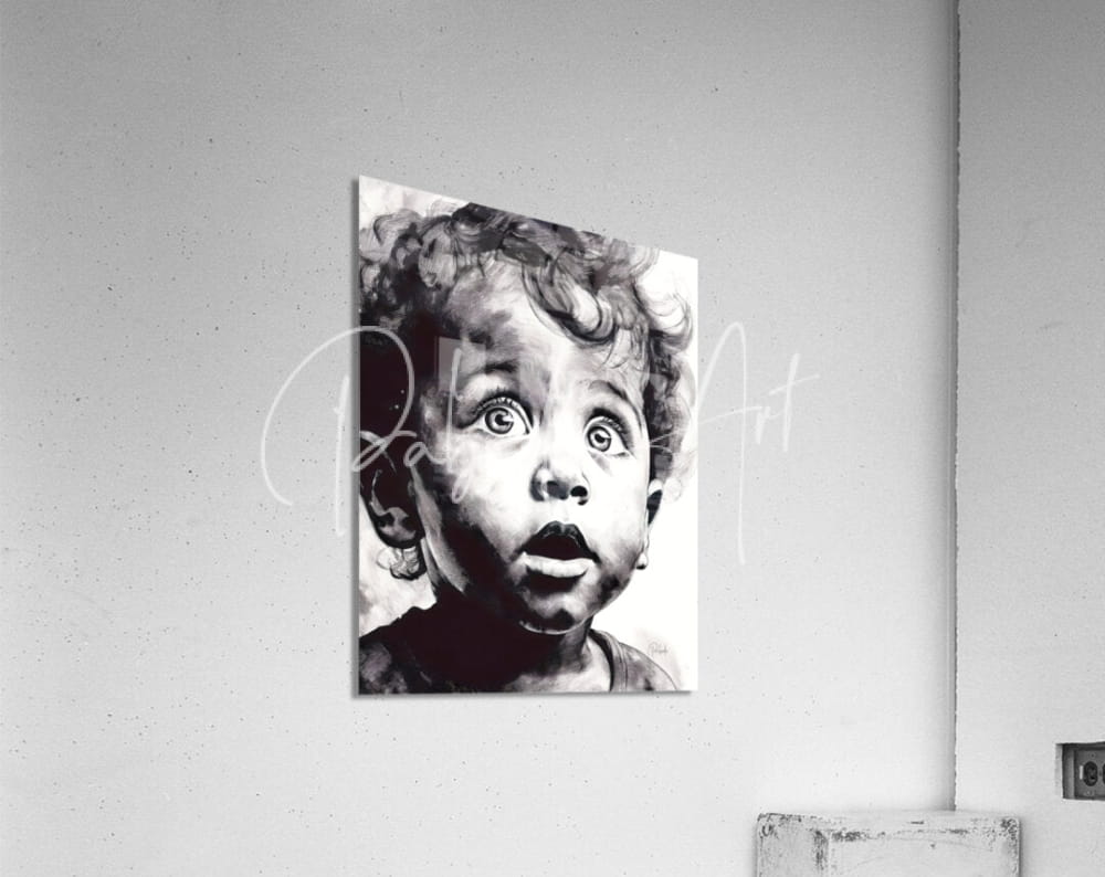 Black and white acrylic wall print titled gazing in wonder featuring a child with curly hair and wide eyes