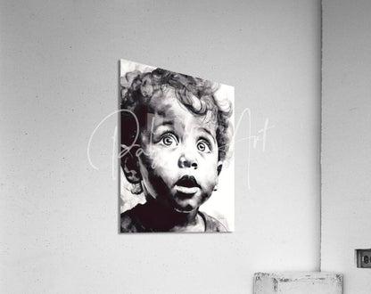 Black and white acrylic wall print titled gazing in wonder featuring a child with curly hair and wide eyes