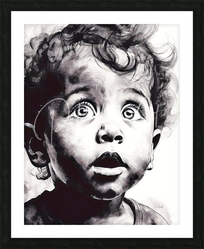 Black and white framed portrait titled gazing in wonder of a child with curly hair and wide eyes