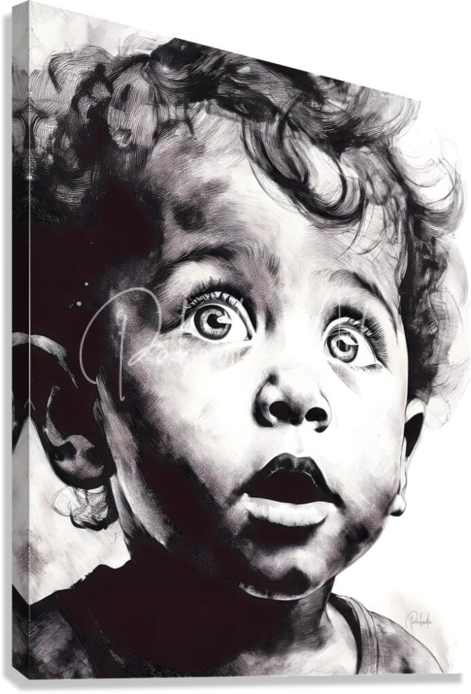 Black and white canvas painting titled gazing in wonder featuring a child with curly hair and wide eyes