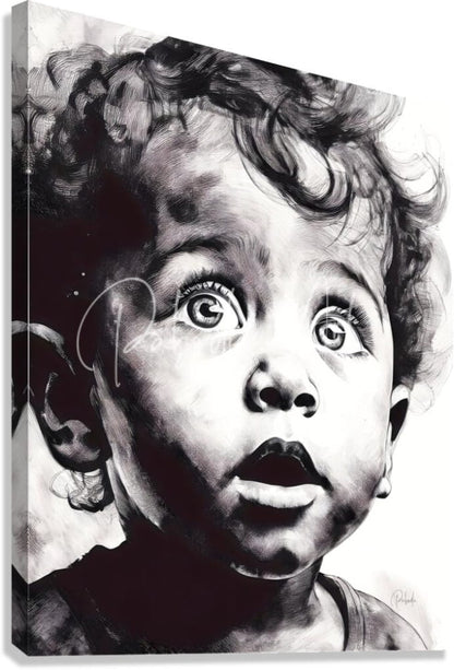 Black and white canvas painting titled gazing in wonder featuring a child with curly hair and wide eyes