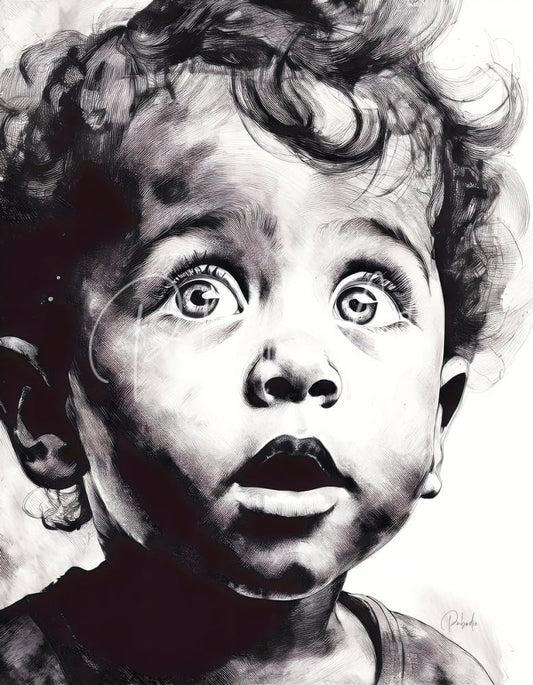 A black and white ink drawing of a child with curly hair and expressive eyes titled gazing in wonder