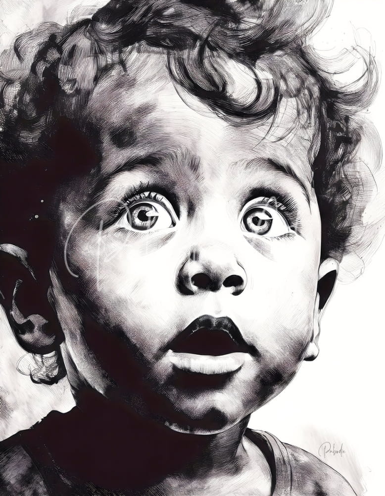 A detailed black and white ink drawing of a child with curly hair and expressive eyes titled gazing in wonder