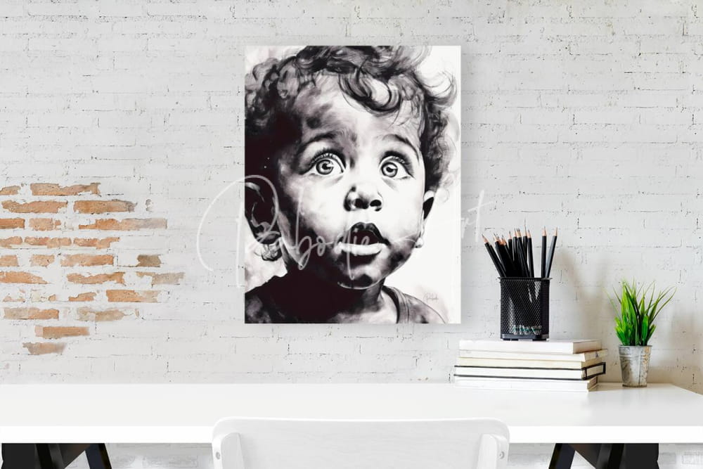 Black-and-white portrait canvas titled gazing in wonder featuring a child with curly hair mounted on white brick wall