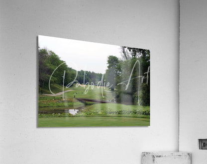 A rectangular acrylic print of a serene green landscape with trees water titled of geese and golf at sawmill creek
