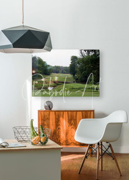 A rectangular canvas print of a lush green golf course with trees and water mounted on a white wall titled of geese and golf at sawmill creek