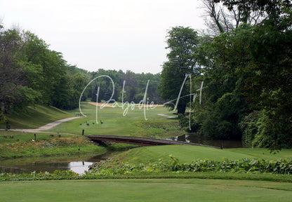Wooden bridge spanning a narrow waterway on a lush green golf course in Of Geese And Golf At Sawmill Creek