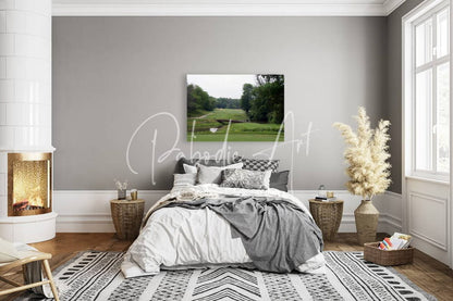Gray wall-mounted canvas print of serene green golf course with trees and water titled of geese and golf at sawmill creek