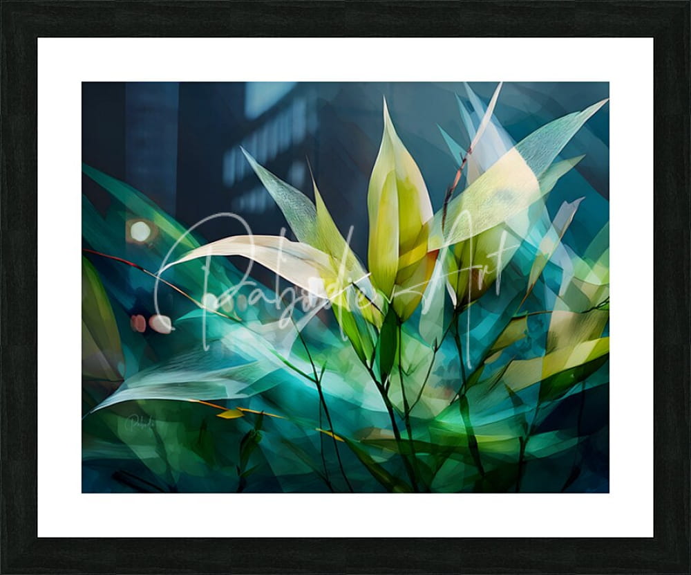 A framed abstract botanical artwork titled geometric bamboo featuring vibrant green and yellow leaves on teal background