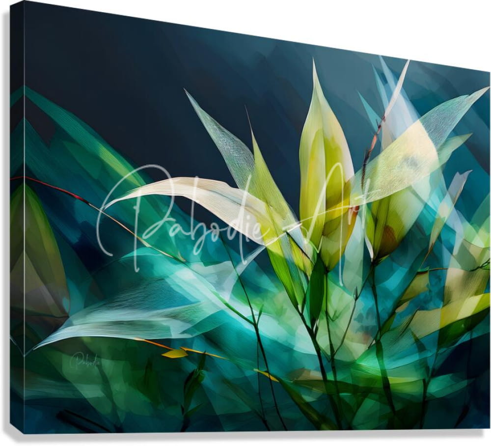 Abstract canvas painting geometric bamboo with translucent layered green and yellow leaves on dark teal background